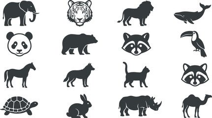 Fototapeta premium Wild and Domestic Animal Vector Icon Set Featuring Silhouette and Line Art Elements for Kids Education, Nature Logos, and Wildlife Conservation Designs