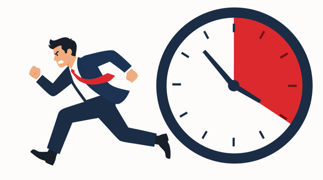 Stressed businessman in suit sprinting urgently against giant countdown timer clock with red danger zone, deadline pressure and time management concept illustration