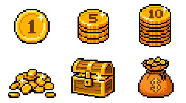 Pixel art icons of gold coins, a treasure chest, and a money bag, depicting wealth and riches