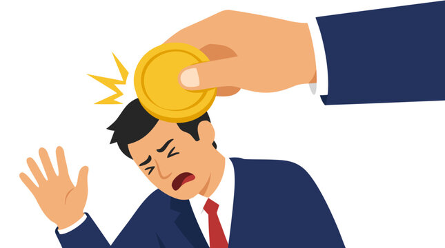 Businessman struck on head with gold coin in bribery concept illustration. Bold flat colors depict corruption, financial coercion, and unethical business practices with dynamic impact effect.