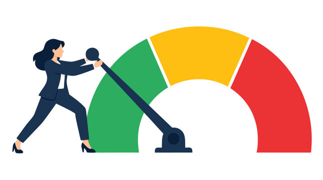A determined businesswoman in a blue suit pulls a massive lever to drag a gauge needle from the red danger zone down into the green safe zone, symbolizing effective risk management and safety control.