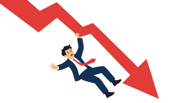 A businessman in a blue suit falls while holding a large red downward arrow representing financial failure, market crash, business setbacks, and economic decline in a flat vector style.