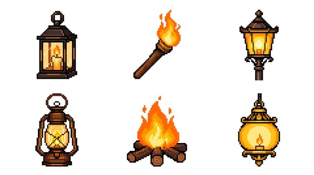 Set of 6 retro pixel art illustration of various light sources like a candle lantern, torch, street lamp, oil lamp, campfire and decorative lantern