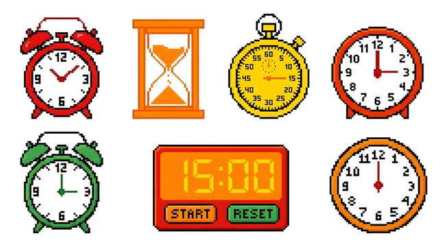 A collection of various timekeeping devices including alarm clocks, an hourglass, a stopwatch, and a digital timer