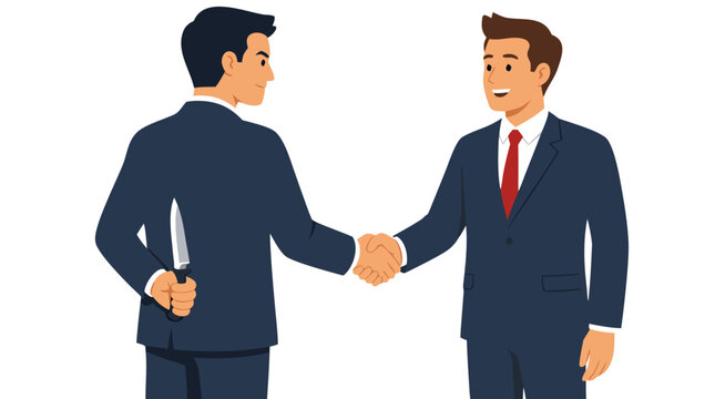 Treacherous business handshake: unaware colleague shakes hands with deceitful businessman concealing knife behind back, betrayal and corporate deception concept