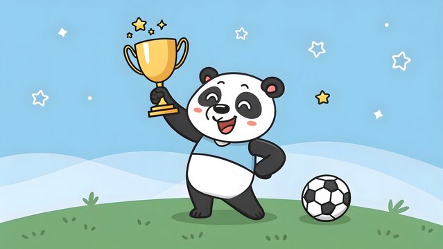 Cartoon panda holding trophy cup with soccer ball nearby
