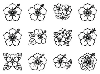 Fototapeta premium Hibiscus Flower Line Art Collection - Tropical Floral Vector Icons