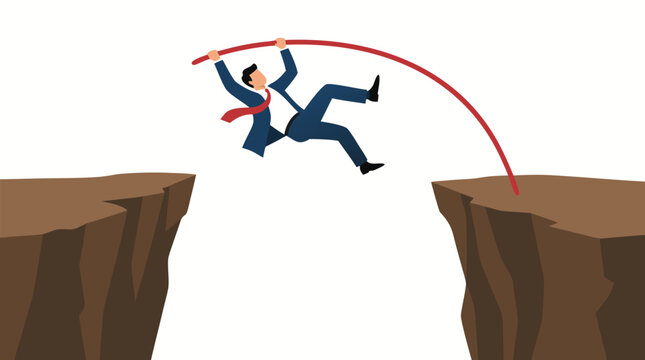 A business man falling while pole vaulting across a wide canyon gap between two rocky cliffs, conceptual vector illustration of career risk, financial crisis, corporate challenge and failure concept