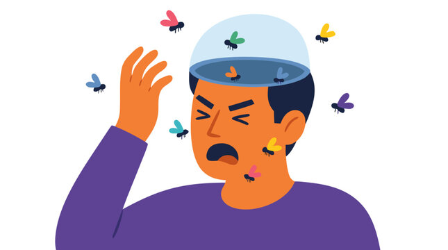 An annoyed man with a transparent glass head swatting away colorful flies buzzing around his face and inside his skull, representing mental clutter, confusion, annoying thoughts, or a headache.