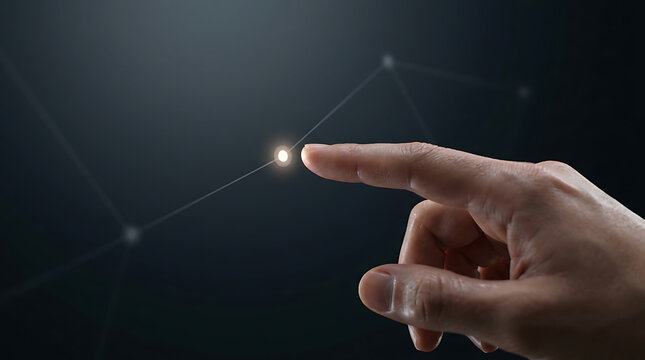 Finger touching digital data point. Hand interacting with futuristic network interface.