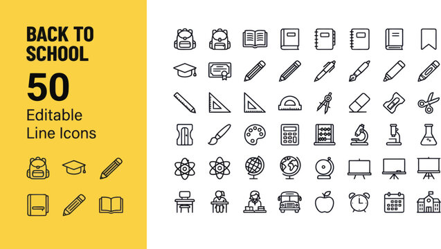 Set of back to school line icons featuring education supplies and classroom objects for students and teachers Vector, illustration