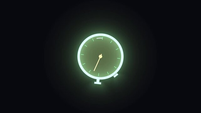 Stopwatch timer glowing green animation on dark background, measuring time with a moving needle, ideal for countdowns, deadlines, and progress tracking in digital interfaces and technology concepts.