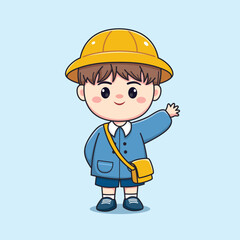 Cute Kindergarten Boy in School with Yellow Bag and Blue Uniform