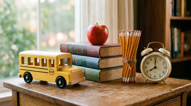Vintage wooden toy school bus on rustic oak desk with stack of classic books, fresh red apple, bundle of yellow pencils and retro alarm clock, back to school education concept, natural window light