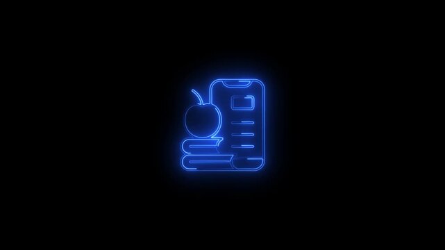 Glowing neon education with smartphone, books, and apple for e-learning and digital classroom concepts
