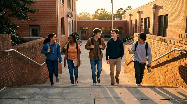 Diverse Group of Five Happy Teenage Students Walking Down Concrete School Staircase at Golden Hour, Friends with Backpacks Chatting Between Classes on Brick High School Campus Building Exterior