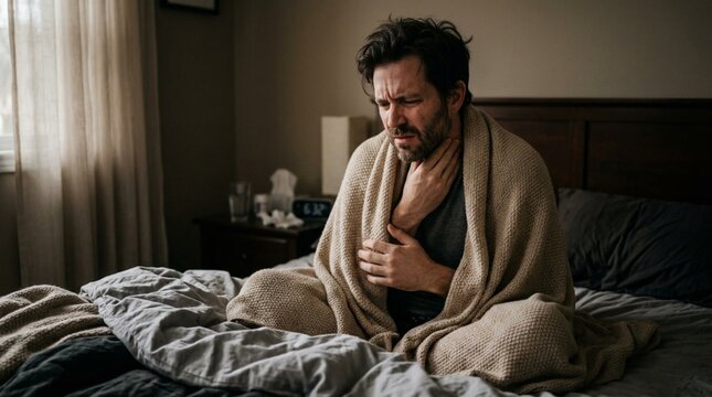 Unhealthy man with sore throat and flu wrapped in cozy beige blanket, sitting on rumpled bed touching painful neck with pained expression, resting at home during winter illness recovery.