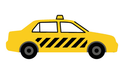 Obraz premium Side profile of a yellow taxi cab icon with black door stripes and circular wheels isolated on a white background, minimal transportation concept