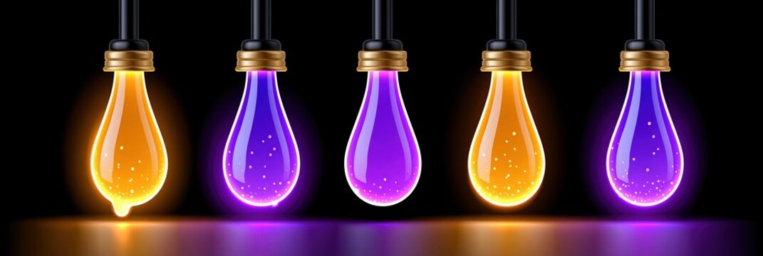 Row of glowing vintage Edison light bulbs with orange and purple light on a dark background