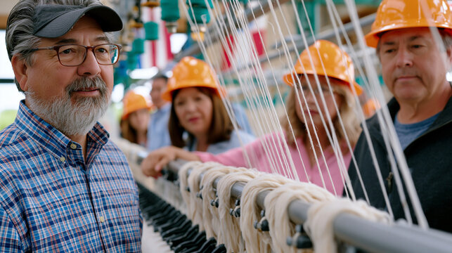 Domestic manufacturing advocate tours senators through restored textile spinning facility, state flags near entrance, operational looms audible, diverse political and industry group in hard hats obs