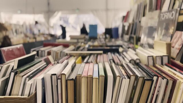 Rows of vintage hardcover books filling cardboard boxes at a bustling flea market stall, with many people browsing through the extensive collection of second-hand literature in the background