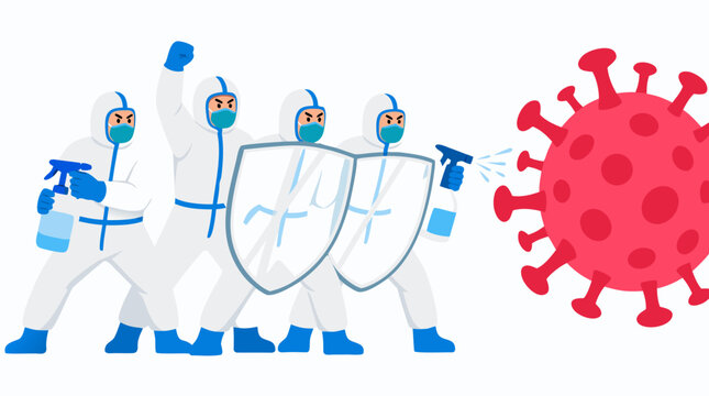 Team of healthcare workers in protective suits and masks defending against giant red virus particle with shields and disinfectant spray