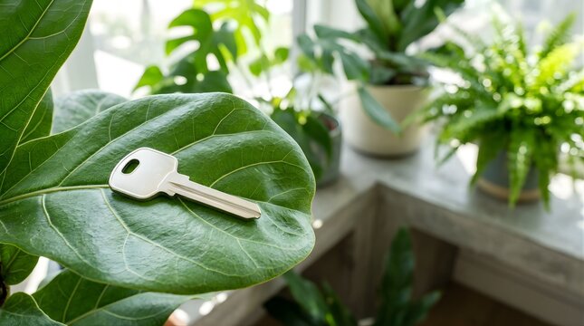Metal key resting on a green fiddle leaf fig plant in a sunny room