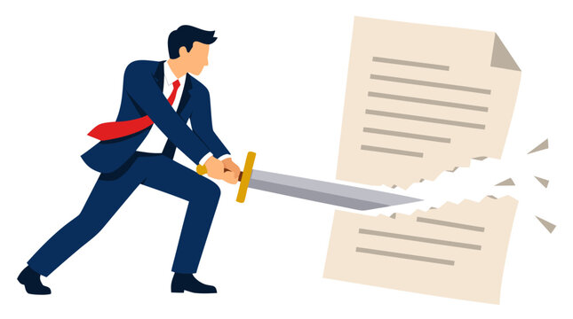 A professional businessman in a suit swinging a large sword to slice through a paper document, representing corporate disruption, contract termination, breaking bureaucracy, or aggressive business