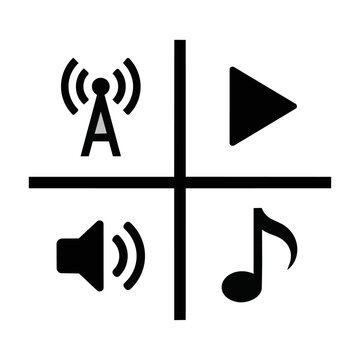 Minimalist multimedia interface emblem with broadcast tower play button speaker and musical note symbols isolated on a white background modern technology concept