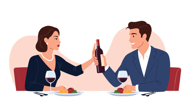 Elegant woman at a romantic restaurant dinner table politely refusing a glass of red wine offered by a handsome man.