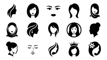 Obraz premium Collection of Diverse Woman Face Silhouette Icons with Various Hairstyles and Accessories