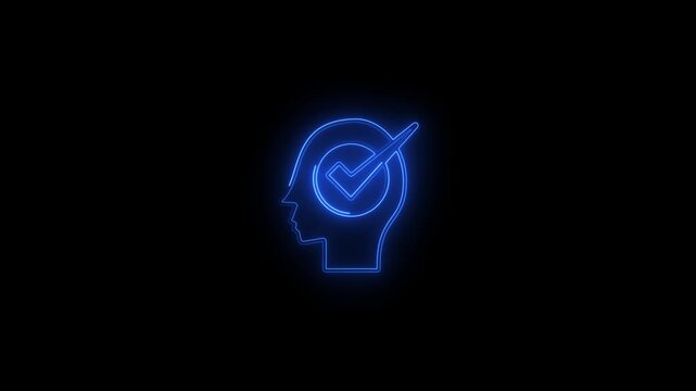 Neon human head profile with glowing check mark for mental health and decision making concepts