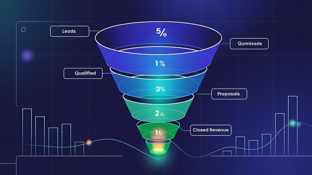 Professional four-step marketing sales conversion funnel diagram infographic template detailing the customer acquisition journey and business strategy pipeline process, illustrating decision stages an