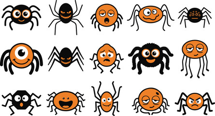 Obraz premium A collection of cute cartoon spider characters with various funny expressions and poses for halloween design projects