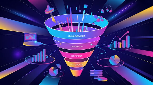 Abstract image lead funnel, vibrant colors. Marketing and sales concept. Digital funnel diagram for business growth. Lead generation, conversion, data analytics and finance