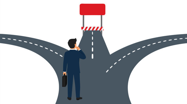 A businessman in a blue suit stands at a crossroads holding a briefcase, contemplating his next move while facing a dead end sign blocking the central path, symbolizing career choices and obstacles