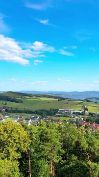 Panoramic View of Lake Lipno, Alpine Meadows and Horni Plana Town from Viewpoint, Czech Republic