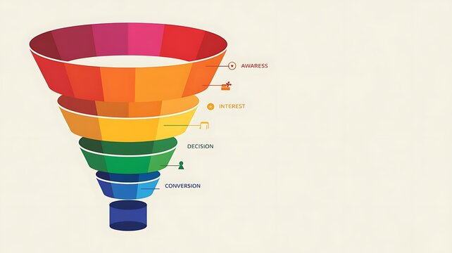 Sales funnel with all 6 stages in different sections of the cone shape. Tofu, Bofu and Mofu demonstration in the info graphic diagram. Marketing Strategy. 3D Filter cone with beautiful colors. 