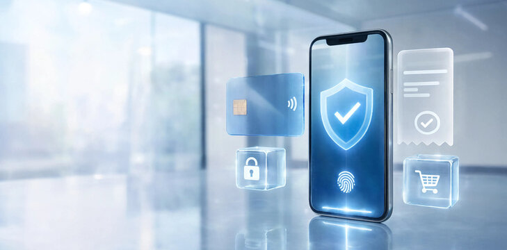 Safe online shopping and payment verification concept on smartphone display with smartphone shopping security verification technology protection transaction electronic commerce