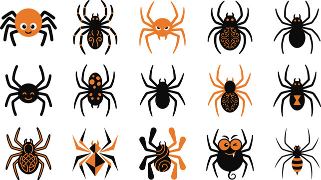 A collection of various spider illustrations featuring different shapes and sizes isolated on a clean white background for design