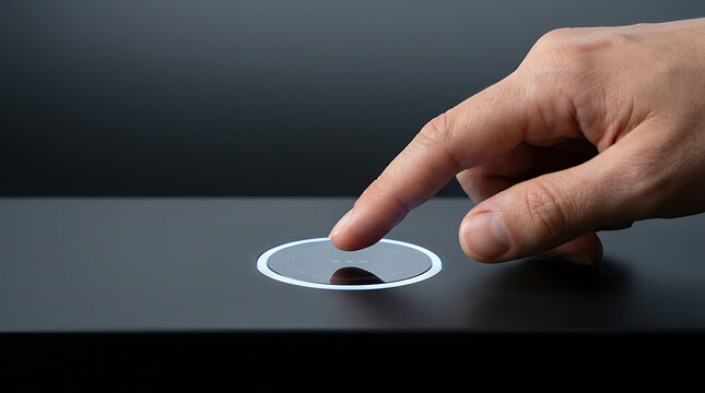 Hand touching glowing digital interface. Finger interacting with futuristic smart node.