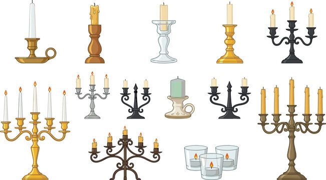 Candle and holder vector set featuring various candlesticks multi arm gothic candelabras classic brass stands glass votives and burning wax pillars