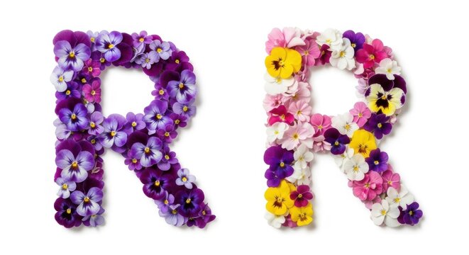 Two letter r shapes made of colorful pansy flowers isolated on white background