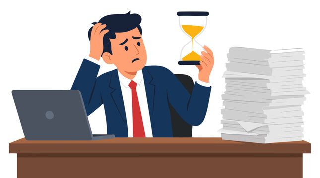 Stressed businessman sitting at office desk with laptop and towering stack of paperwork, looking at hourglass, deadline pressure, time management, professional burnout, corporate work overload concept