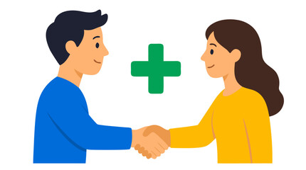 Fototapeta premium Flat vector illustration of a man and woman shaking hands with a green plus sign symbol between them, representing partnership, addition, synergy, collaboration, and positive business growth concept