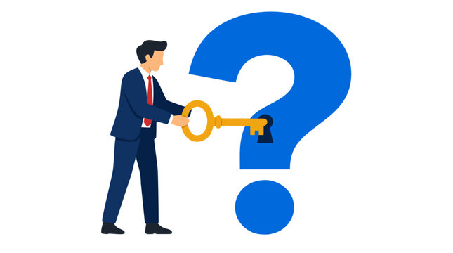 Businessman inserting a golden key into a large blue question mark symbol, representing problem solving, finding answers, business strategy, success, unlocking potential, and corporate decision