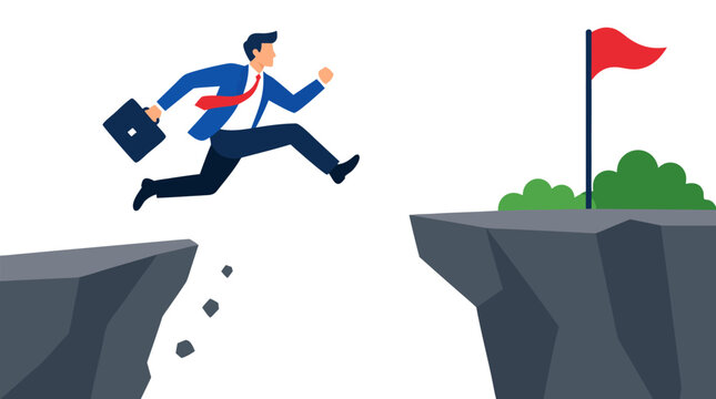 Flat vector illustration of a determined businessman in a suit jumping over a deep canyon gap towards a red flag goal, representing professional success, risk taking, ambition, and overcoming