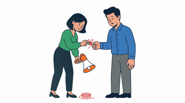 A female assistant ties a red string around her boss's finger while holding a megaphone, symbolizing connection and communication in a business setting, flat vector illustration with bold colors.
