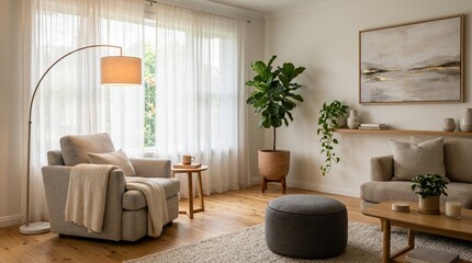 Fototapeta premium Cozy modern living room interior featuring a soft grey armchair, warm glowing floor lamp, round fabric ottoman, lush fiddle leaf fig plant, wooden coffee table, and elegant abstract wall art decor.