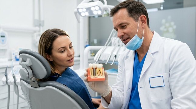 Professional male dentist in white coat and mask explaining dental implant procedure to female patient using anatomical model in modern clinic office, healthcare consultation and oral surgery